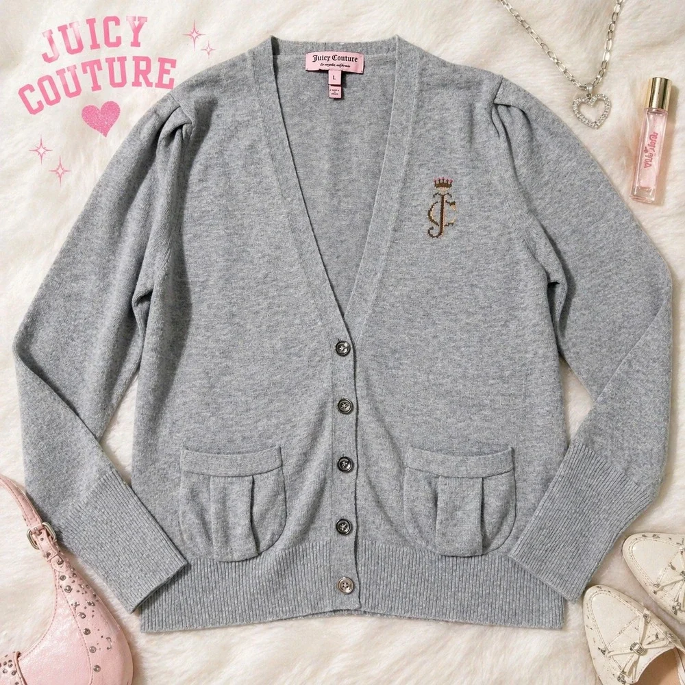 Juicy Couture Y2K Cardigan Gray Puff Sleeve Crown Logo Preppy Cozy L Balletcore - Picture 1 of 13